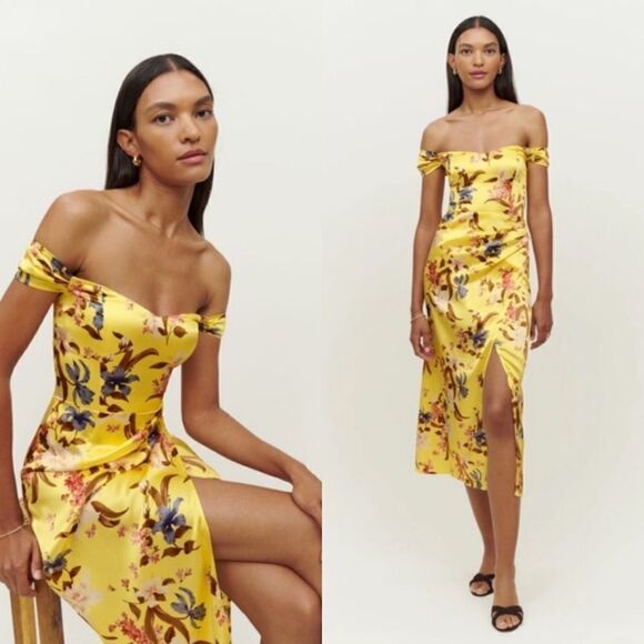 Reformation Genesis Silk Midi Yellow Dress Floral Size 6 - Picture 1 of 9
